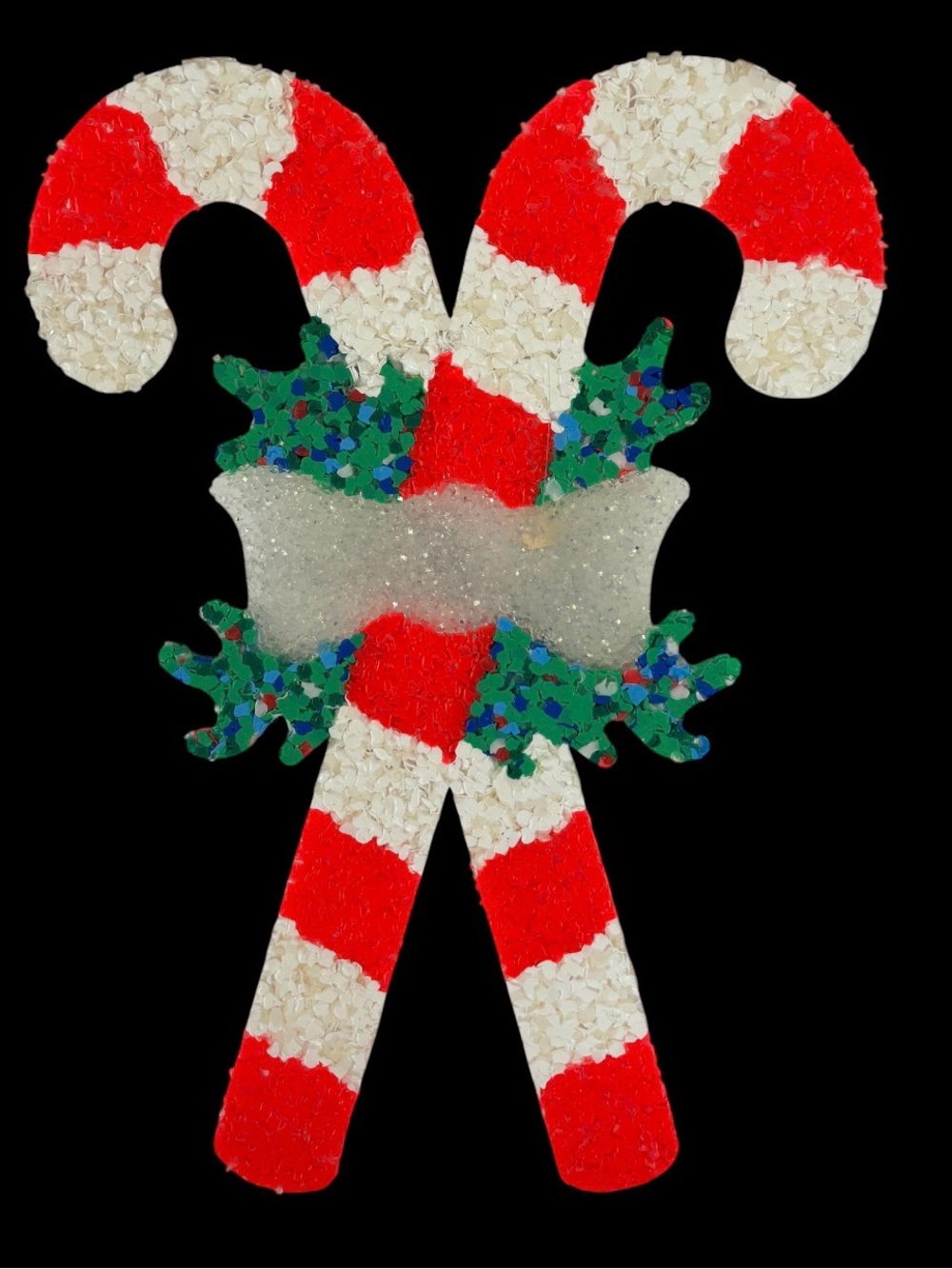 Vintage  candy cane decoration features a glittery red-and-white popcorn texture
